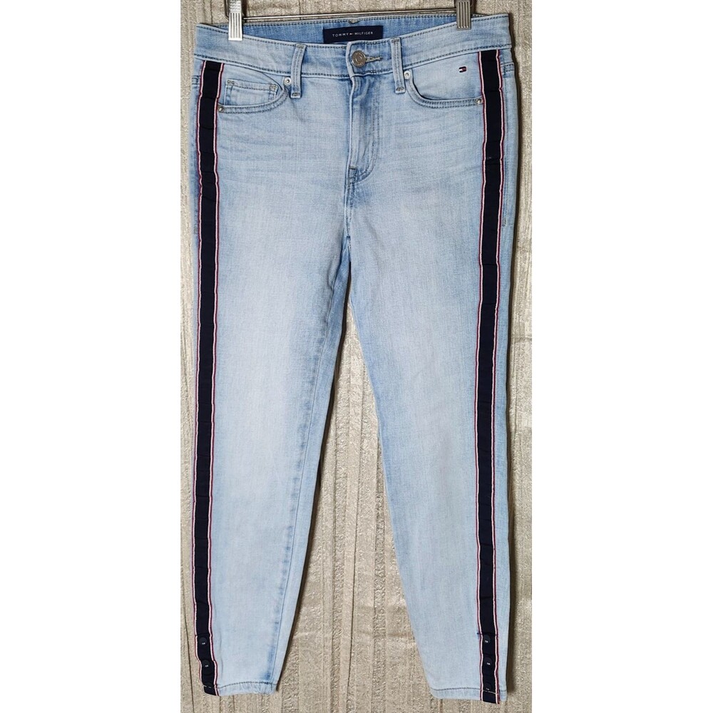 Tommy Hilfiger Tribeca Skinny Light Crop Logo Side Stripe Jeans 2 Ankle Buttons